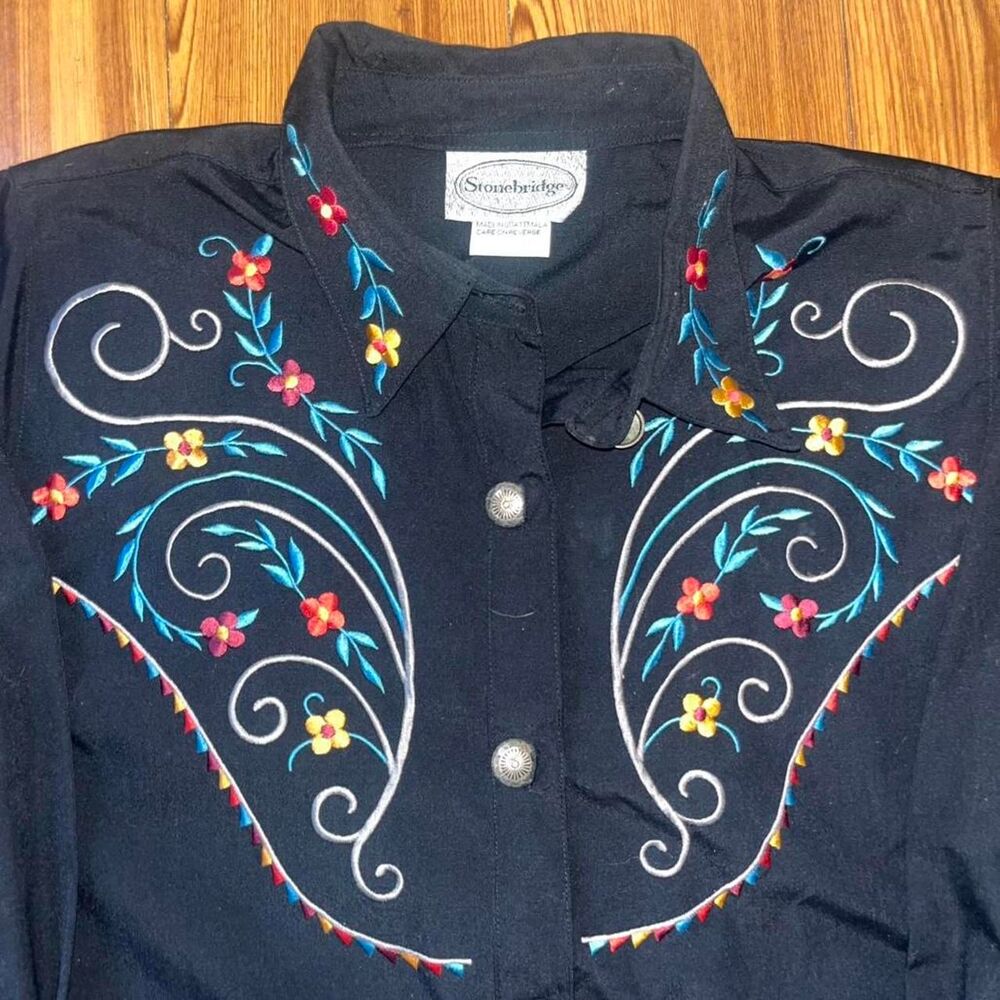 Vintage 1990s Stonebridge Woman's Embroidered Floral Western Button Up SZ 1X - Picture 5 of 5